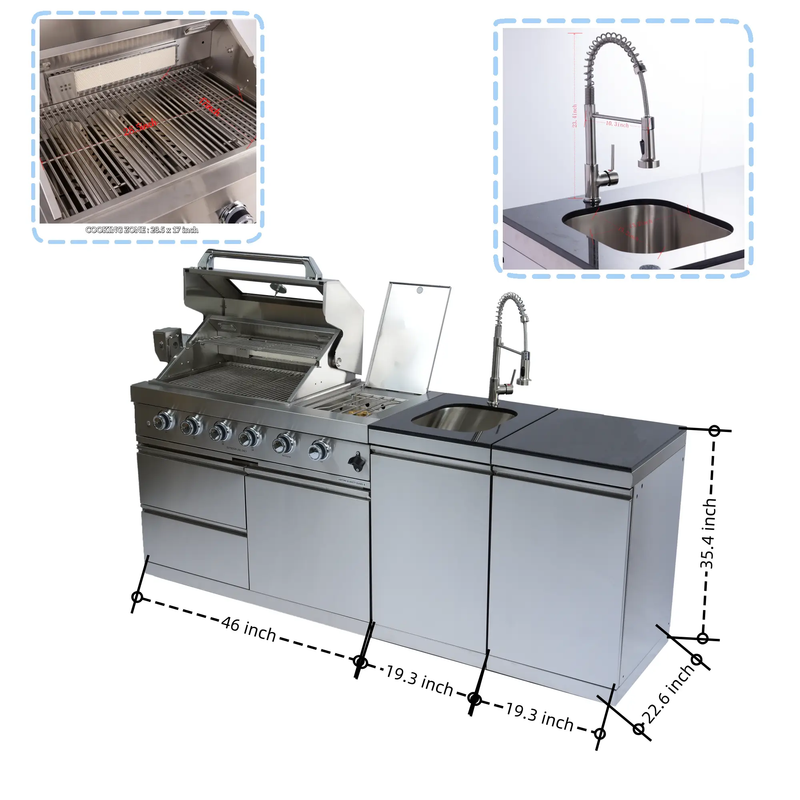 85" 4-Burner 72,000 BTU Silver Outdoor Kitchen Island Grill + Side Burner + Storage Cabinets & Drawers by Chery Industrial