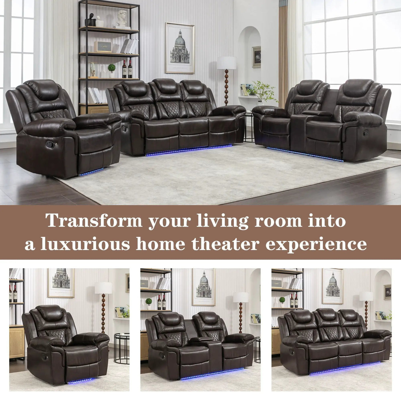 Home Theater Seating Manual Recliner Loveseat With Hide-Away Storage, Cup Holders And Led Light Strip For Living Room by HouseOfZazla