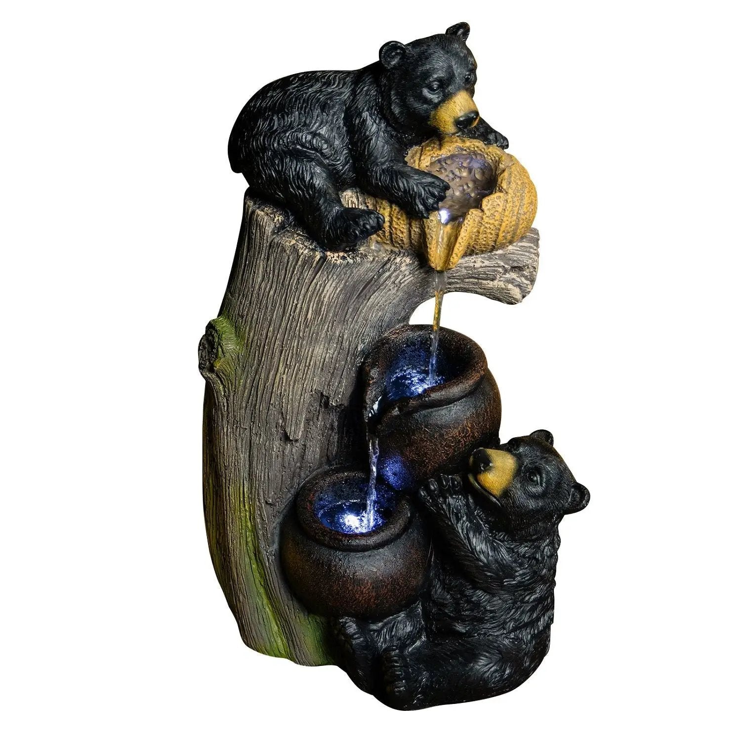 Bear Tree Stump Outdoor Water Fountain With LED Lights - Brown Gray by Unique Piece Furniture