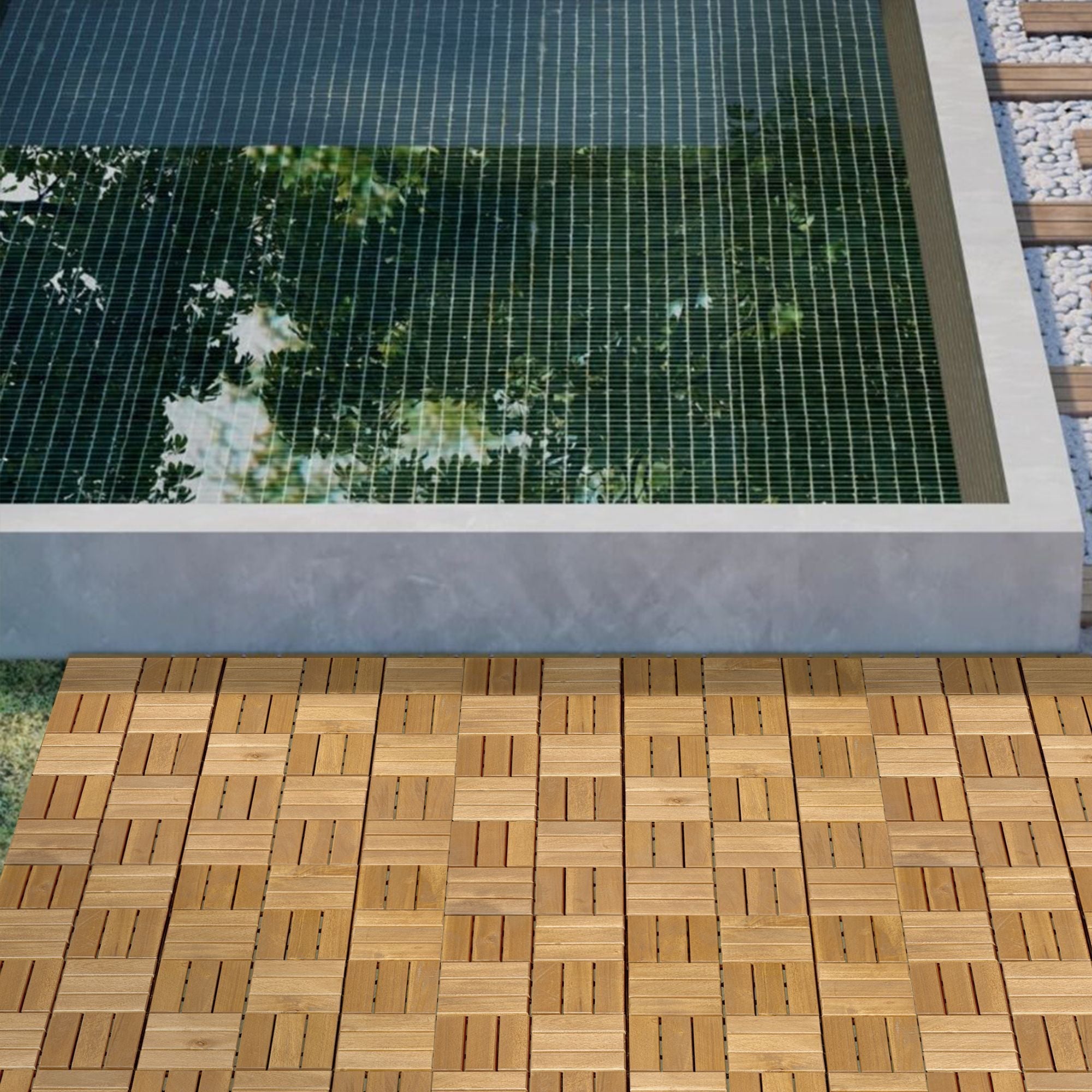 Interlocking Deck Tiles Checker Pattern, Square Acacia Hardwood Outdoor Flooring For Patio, Bancony, Pool Side by HouseOfZazla
