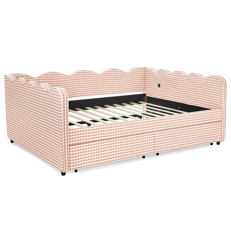 Queen Size Cozy Gingham Daybed with Two Storage Drawers and USB Port by HouseOfZazla