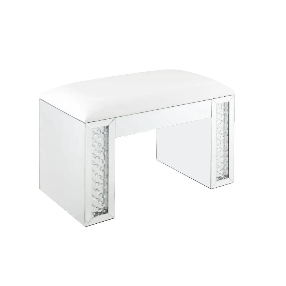 Nysa - Vanity Stool - Ivory Synthetic Leather , Mirrored & Faux Crystals by Unique Piece Furniture
