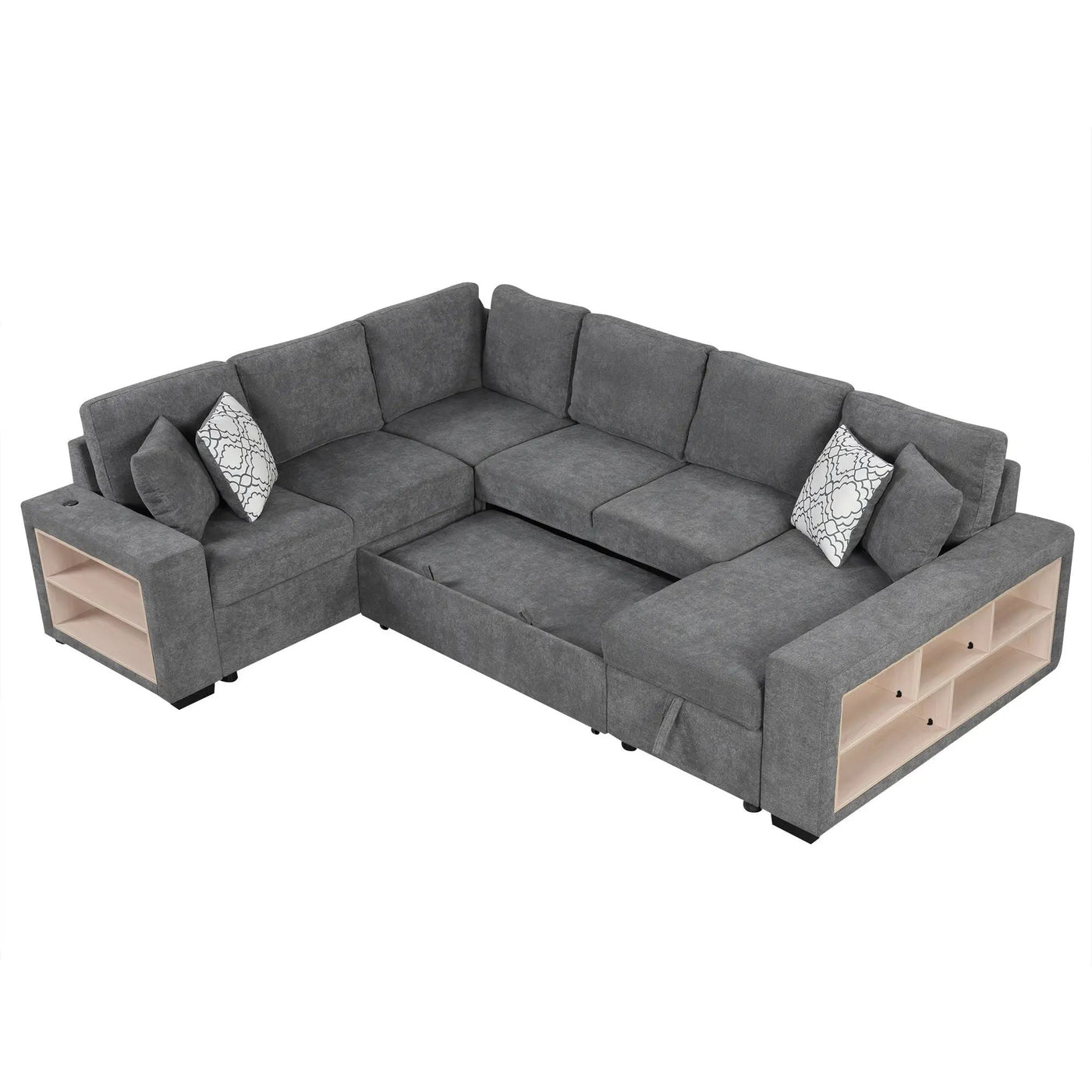 U-Shaped Sectional Sofa Pull-Out Sofa Bed With Two USB Ports, A Storage Chaise Lounge And Four Back Pillows For Living Room by HouseOfZazla