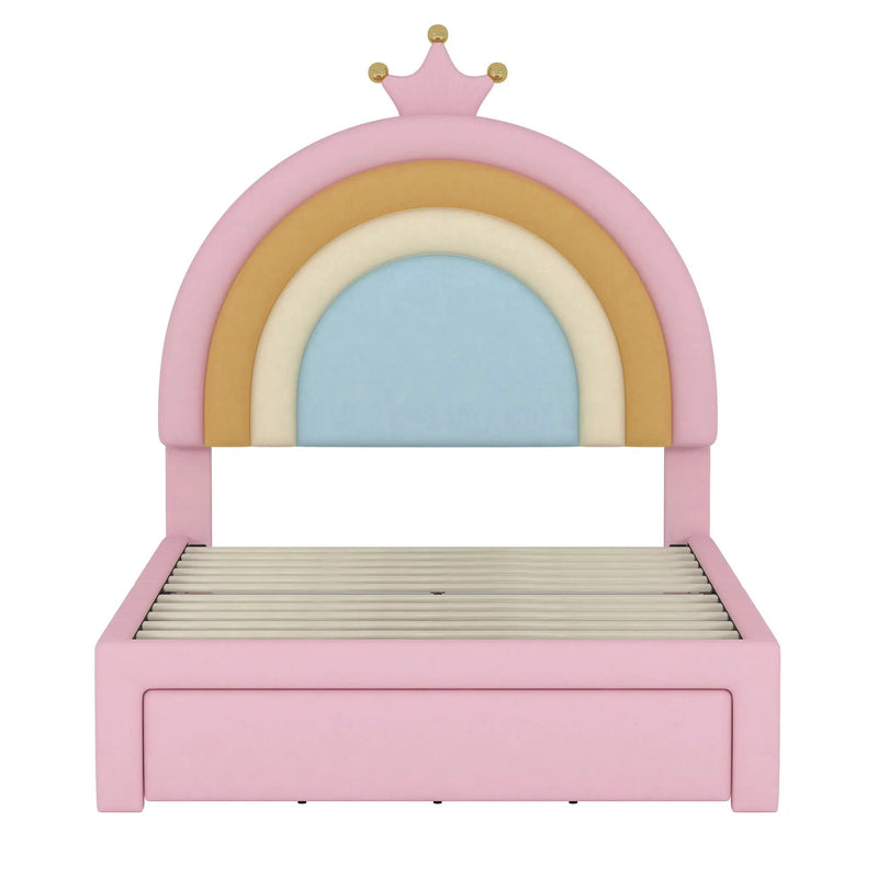 Upholstered Rainbow Design Bed, Princess Platform Bed With Storage Drawer