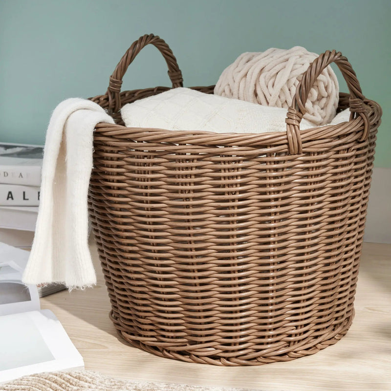 Round Cone Woven Resin Wicker Basket With Handles For Versatile Storage - Walnut Brown by HouseOfZazla