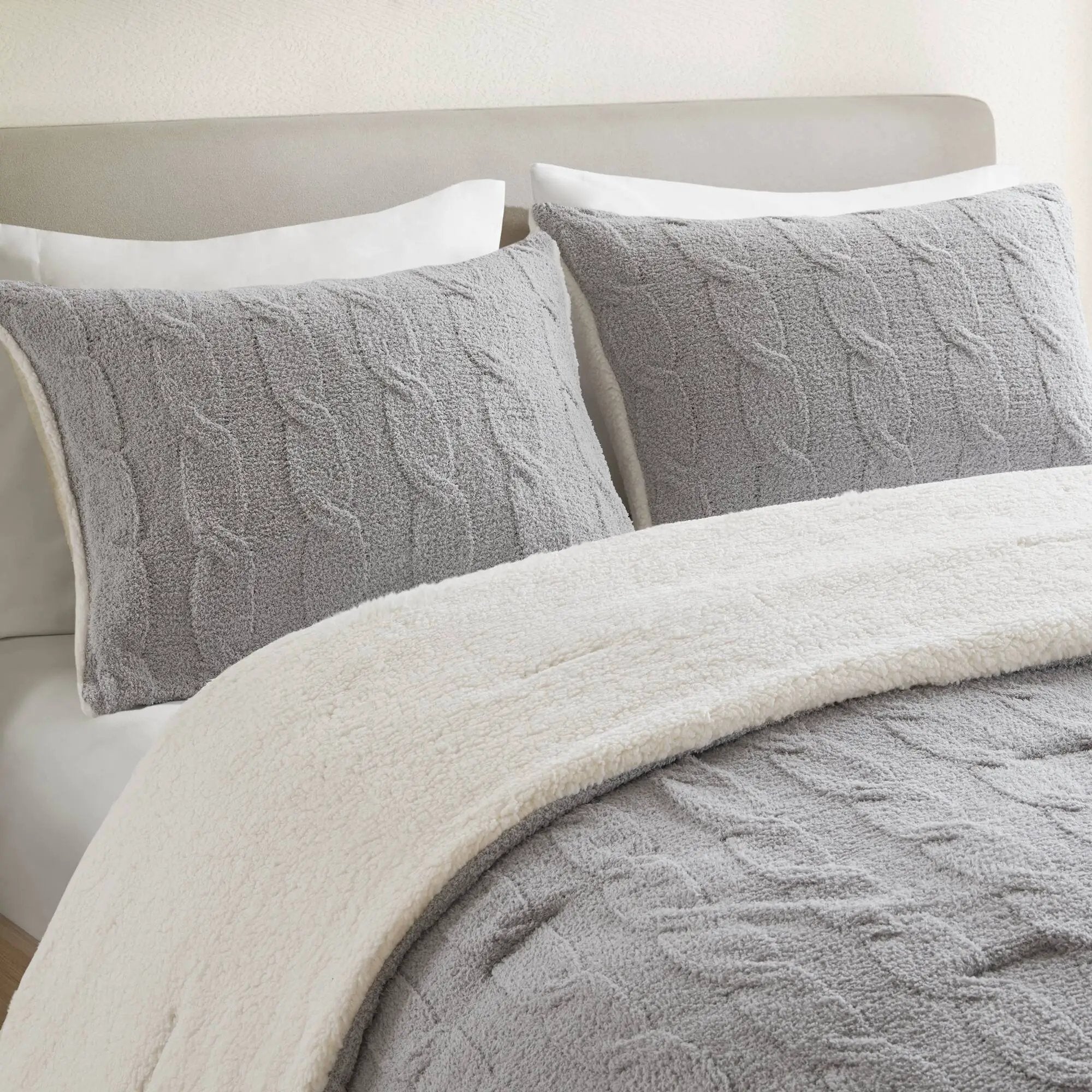 3 Pieces Full/Queen Cable Knit Chenille Comforter Set Gray by HouseOfZazla