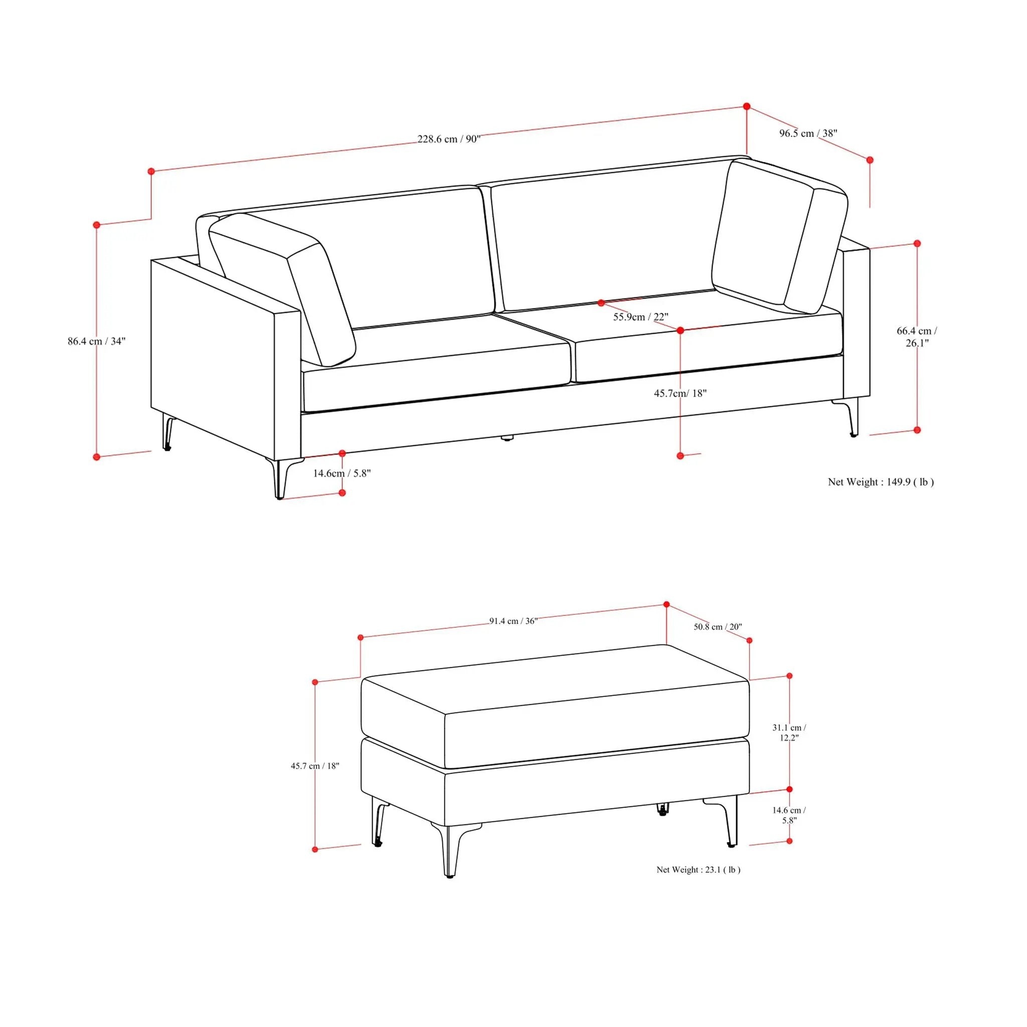 Ava - Mid Century Sofa With Ottoman Set by Unique Piece Furniture
