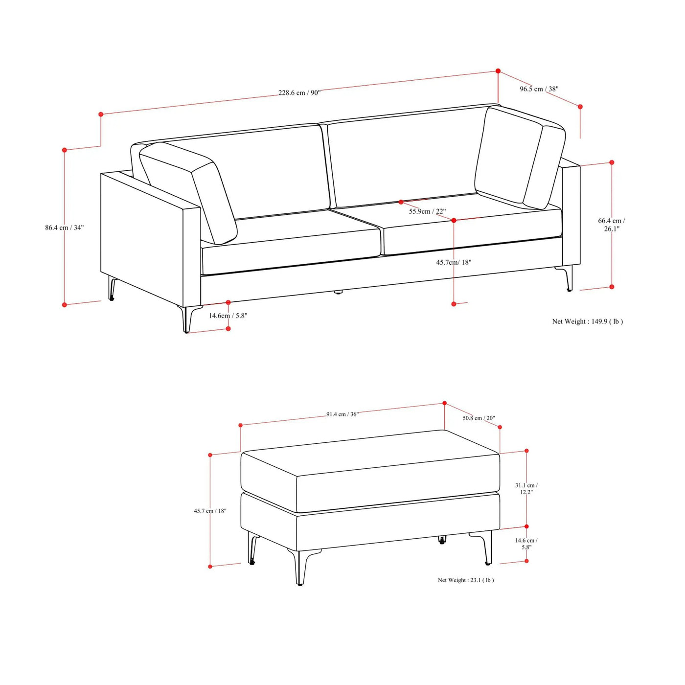 Ava - Mid Century Sofa With Ottoman Set by HouseOfZazla