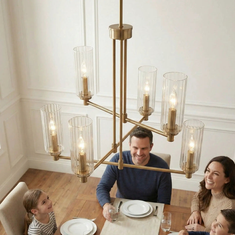 Timeless - 6 Lights Chandelier With Clear Ribbed Satin - Antique Brass / Clear / Gold by Unique Piece Furniture