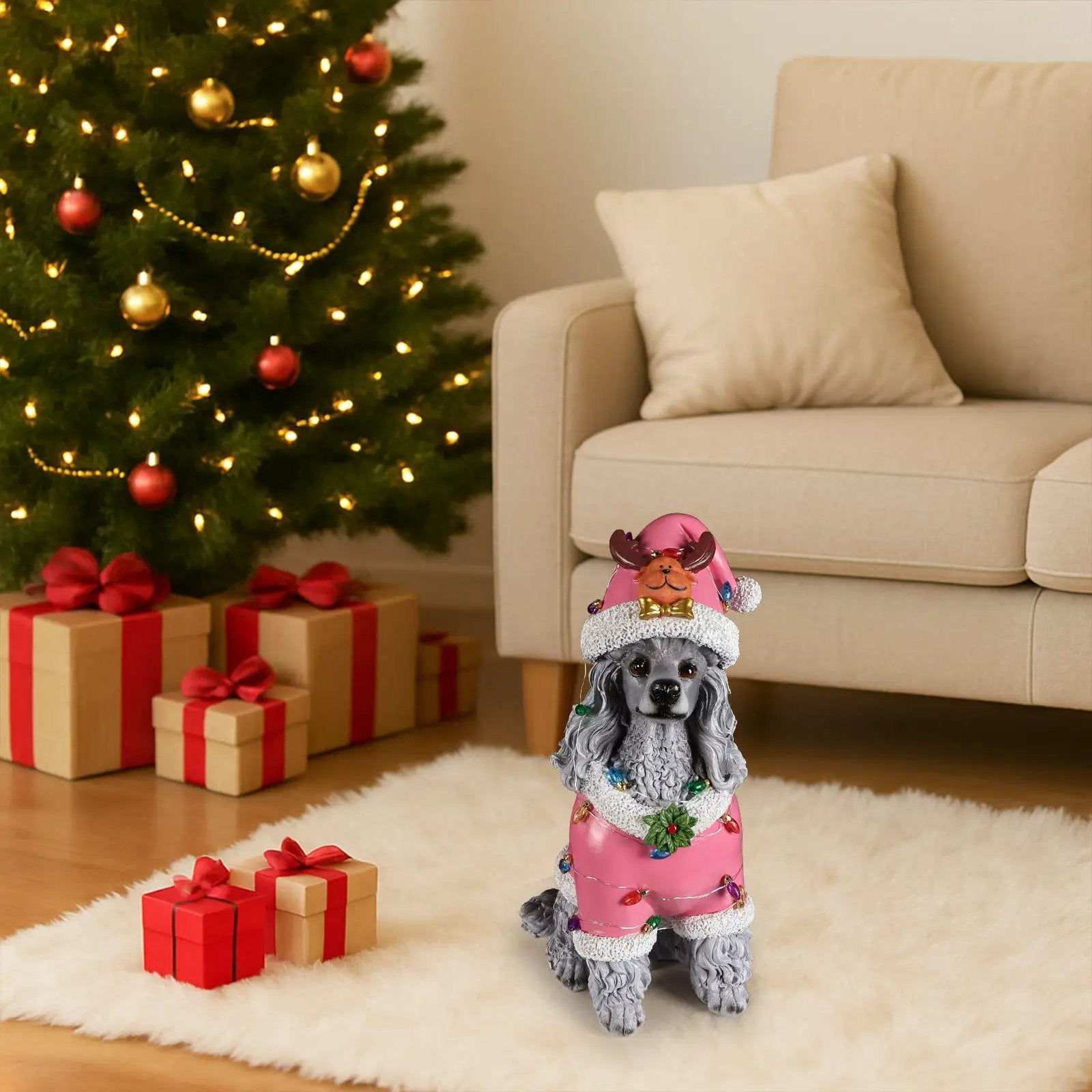 Christmas Poodle Statue, Holiday Dog Figurine by HouseOfZazla
