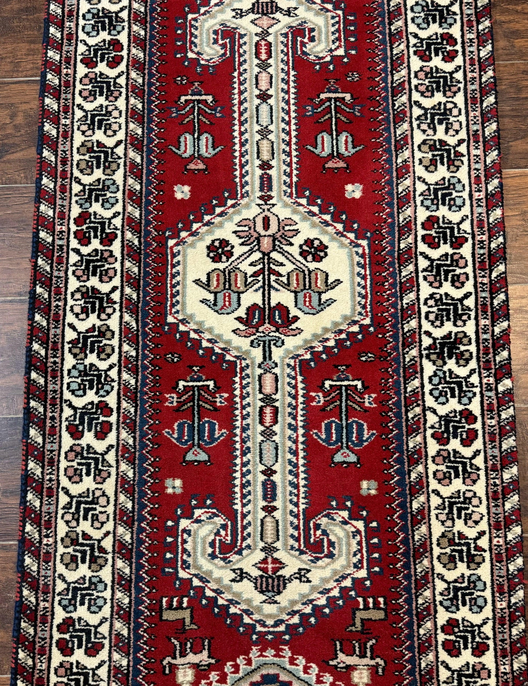 Indo Persian Runner Rug 2.6 x 12, Heriz Geometric Caucasian Design, Animal Pictorials, Tribal Runner Rug, Vintage Handmade Wool Red by Jewel Rugs