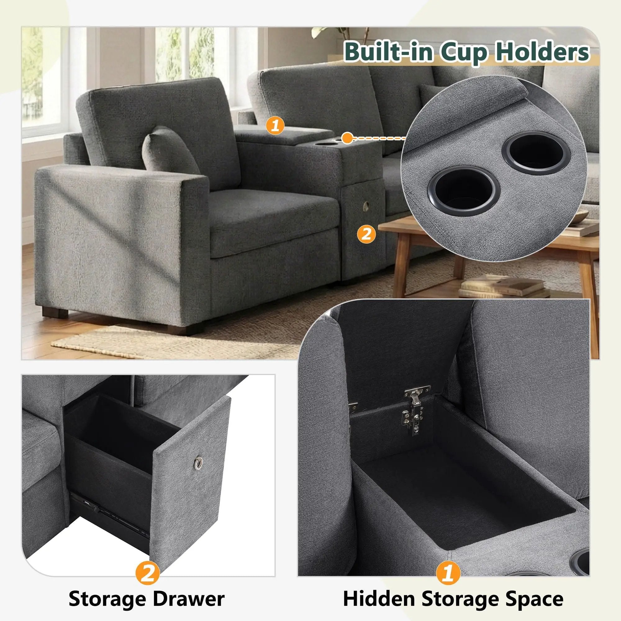 Modular 5 Seat U-Shape Sectional Sofa With Chaise Lounge, Built In Cup Holders And Storage Drawer by Unique Piece Furniture