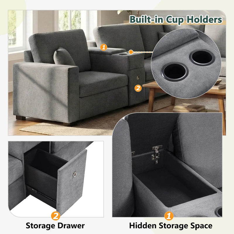 Modular 5 Seat U-Shape Sectional Sofa With Chaise Lounge, Built In Cup Holders And Storage Drawer by Unique Piece Furniture
