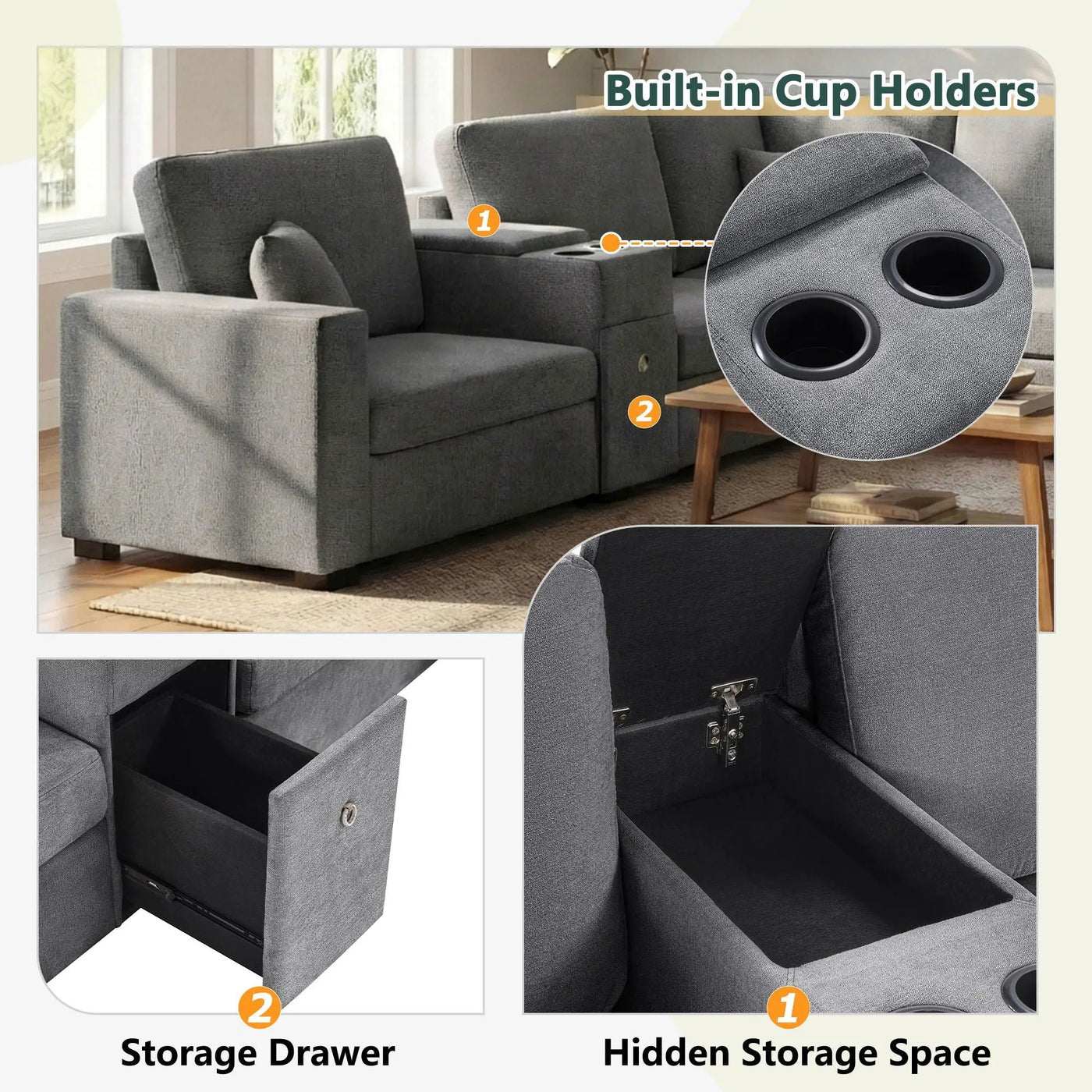 Modular 5 Seat U-Shape Sectional Sofa With Chaise Lounge, Built In Cup Holders And Storage Drawer by HouseOfZazla