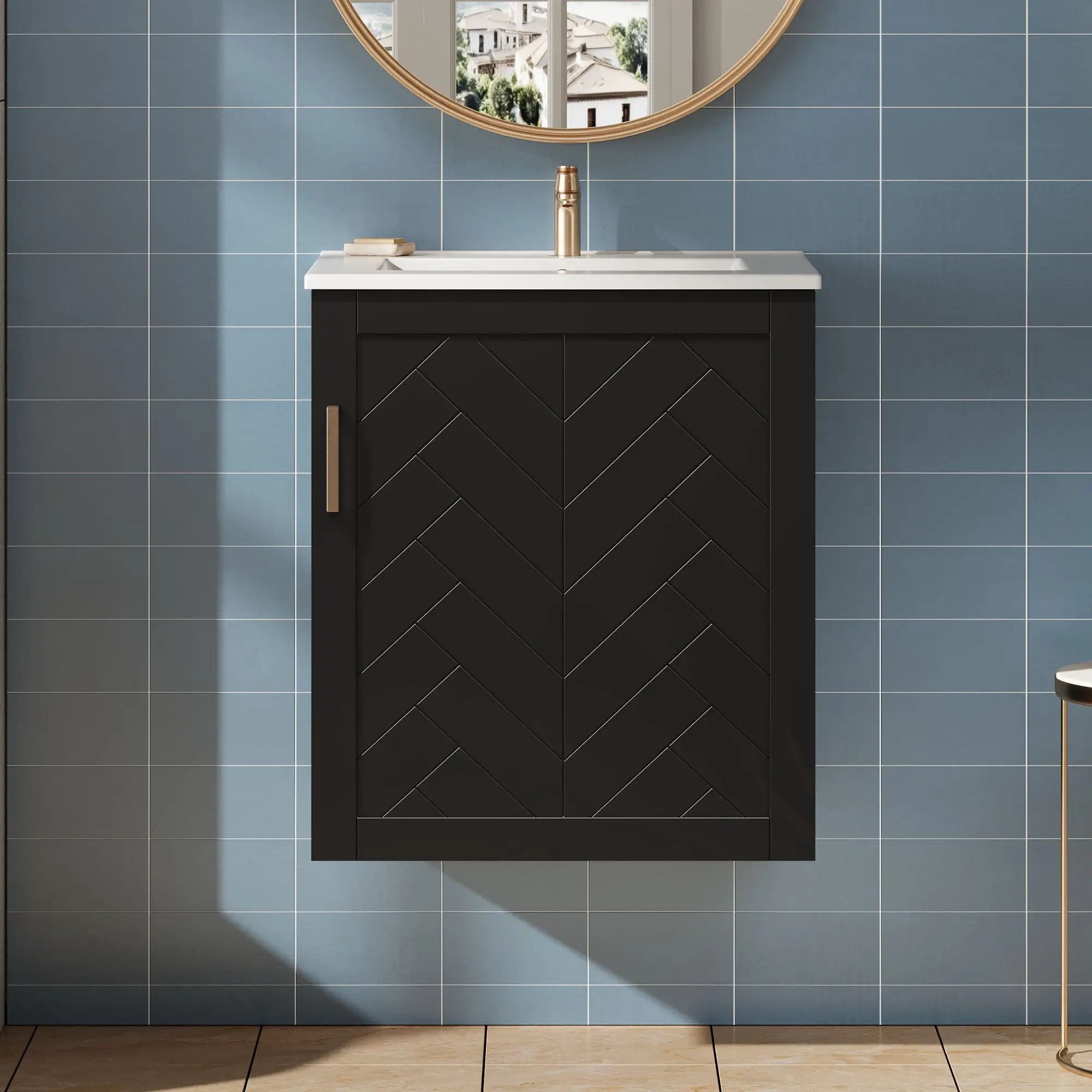 Modern Wall Mounted Bathroom Cabinet With Side Shelf And Ceramic Sink by Unique Piece Furniture