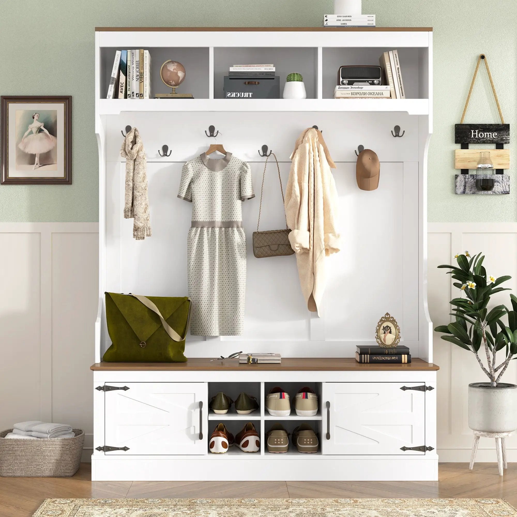 Hall Tree With Bench And Shoe Storage, 5 In 1 Entryway Organizer Cabinet With Coat Rack, 4 Shoe Cubbies & 7 Hooks - White by HouseOfZazla