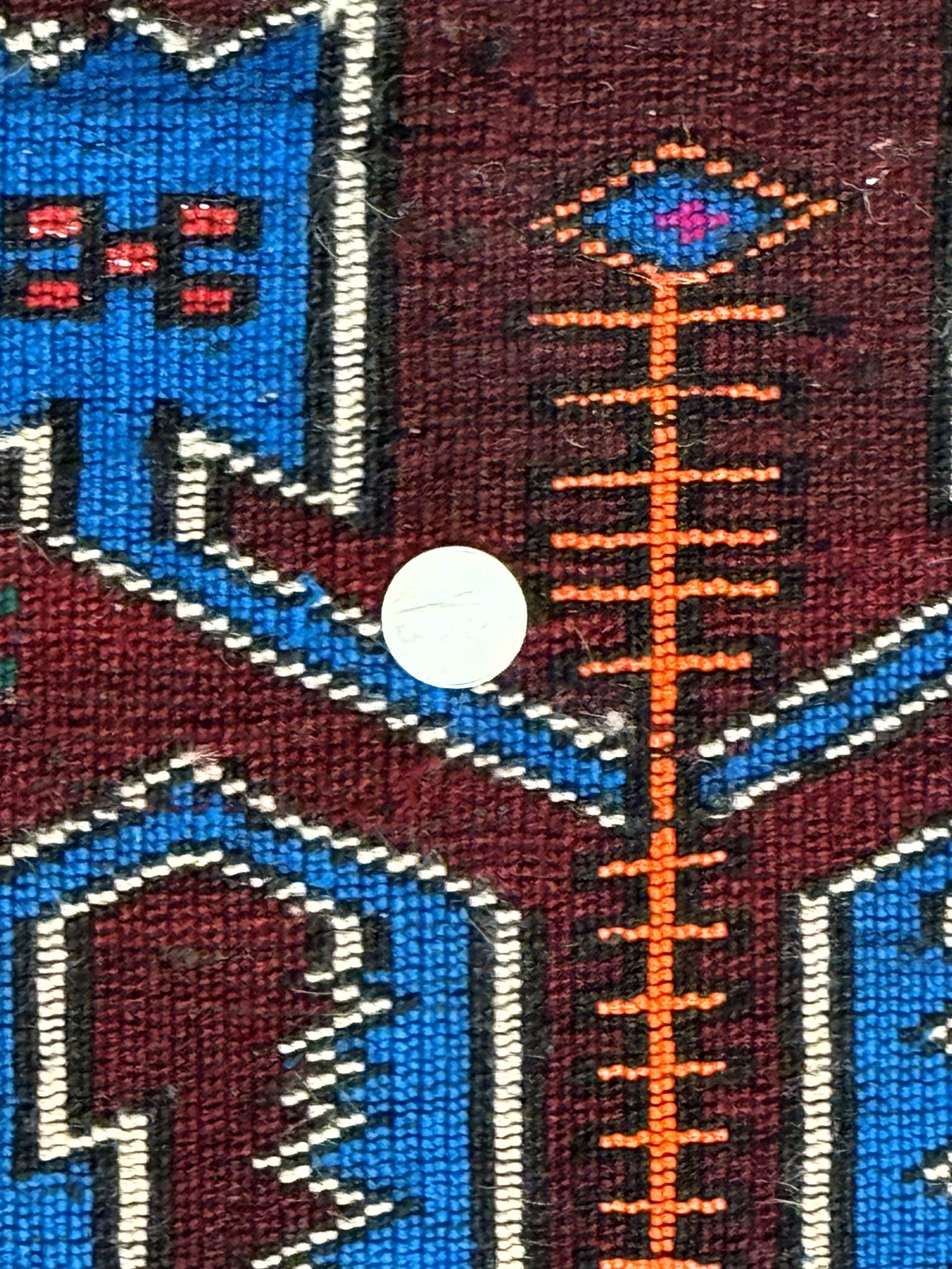 Persian Tribal Rug 1.8 x 2, Small Balouchi Rug, Unique Design, Burgundy and Blue by Jewel Rugs