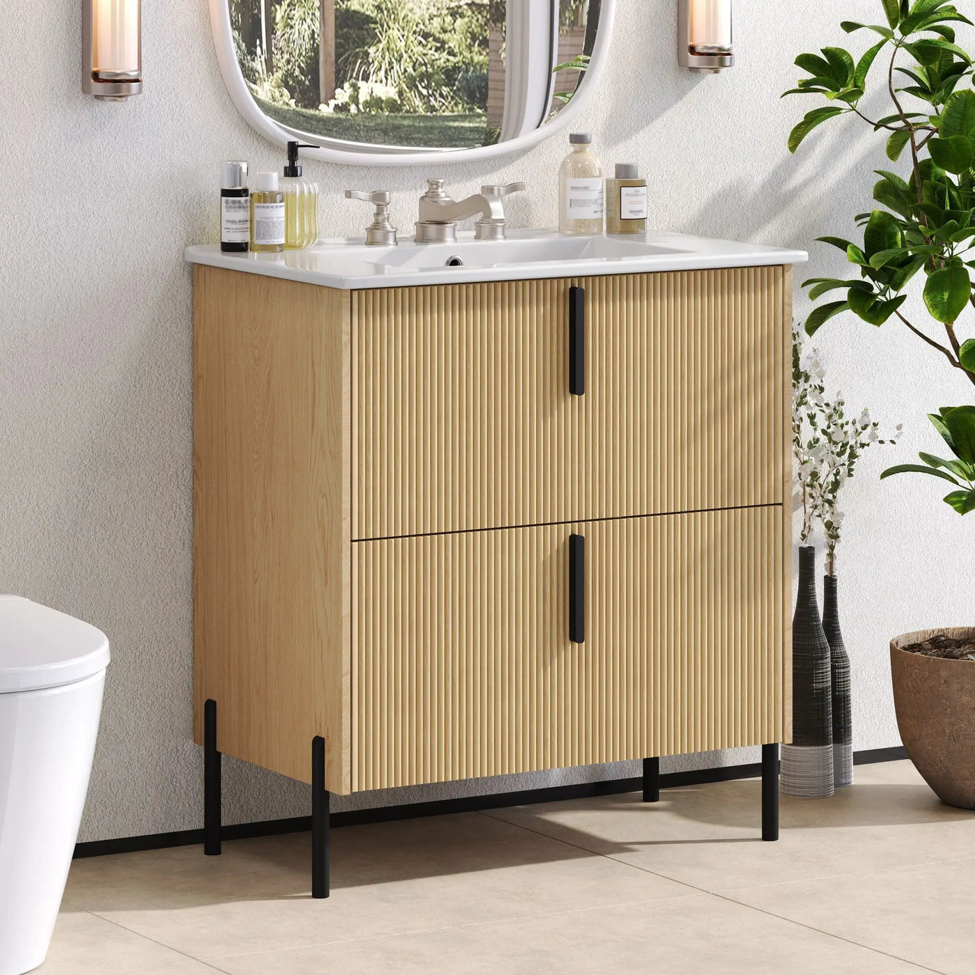 Bathroom Vanity With Ceramic Sink, Fluted Design by HouseOfZazla