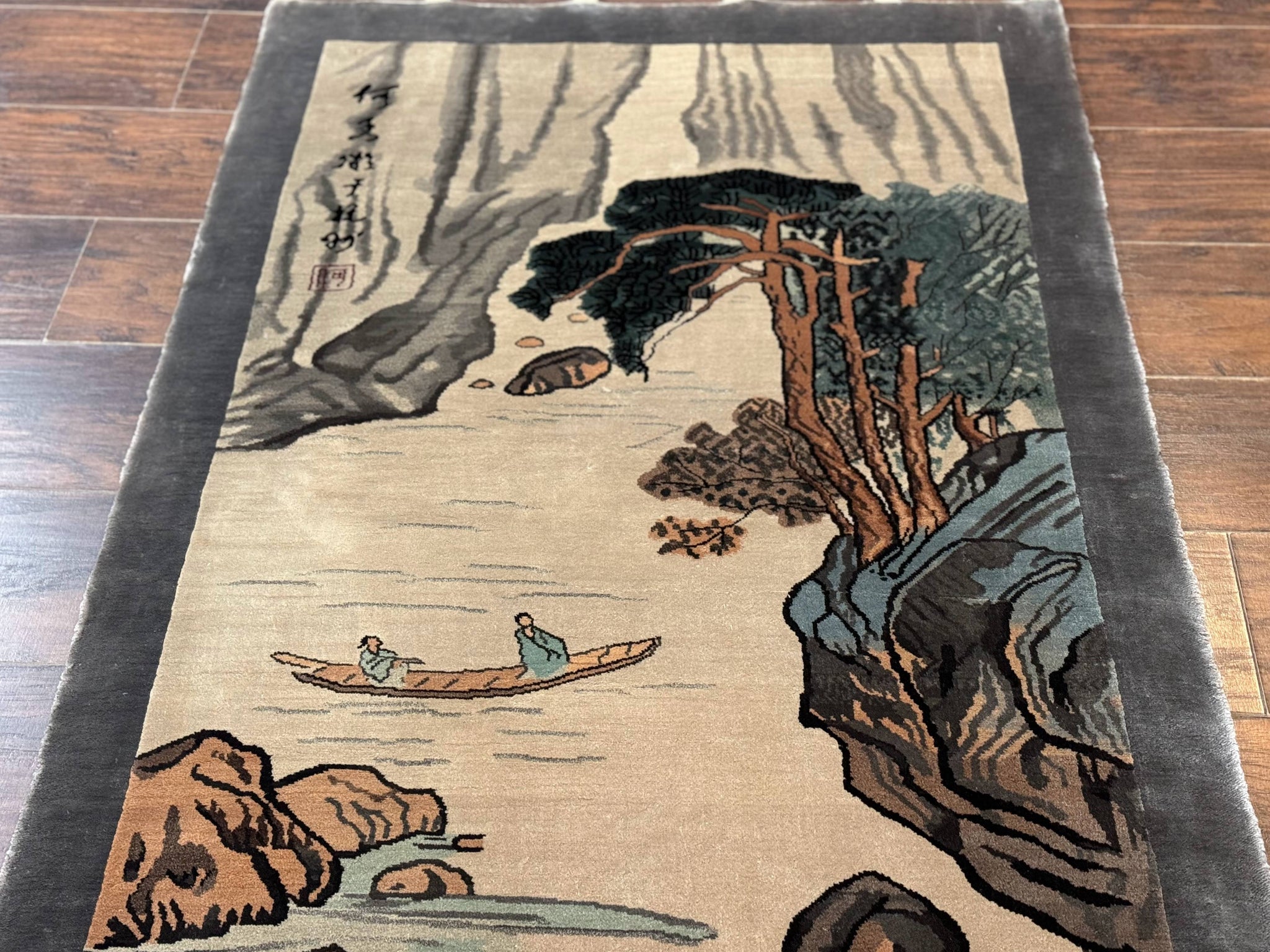Chinese Silk Wall Hanging 3x5, Handmade, River and Boat Scene, Rug Tapestry by Jewel Rugs