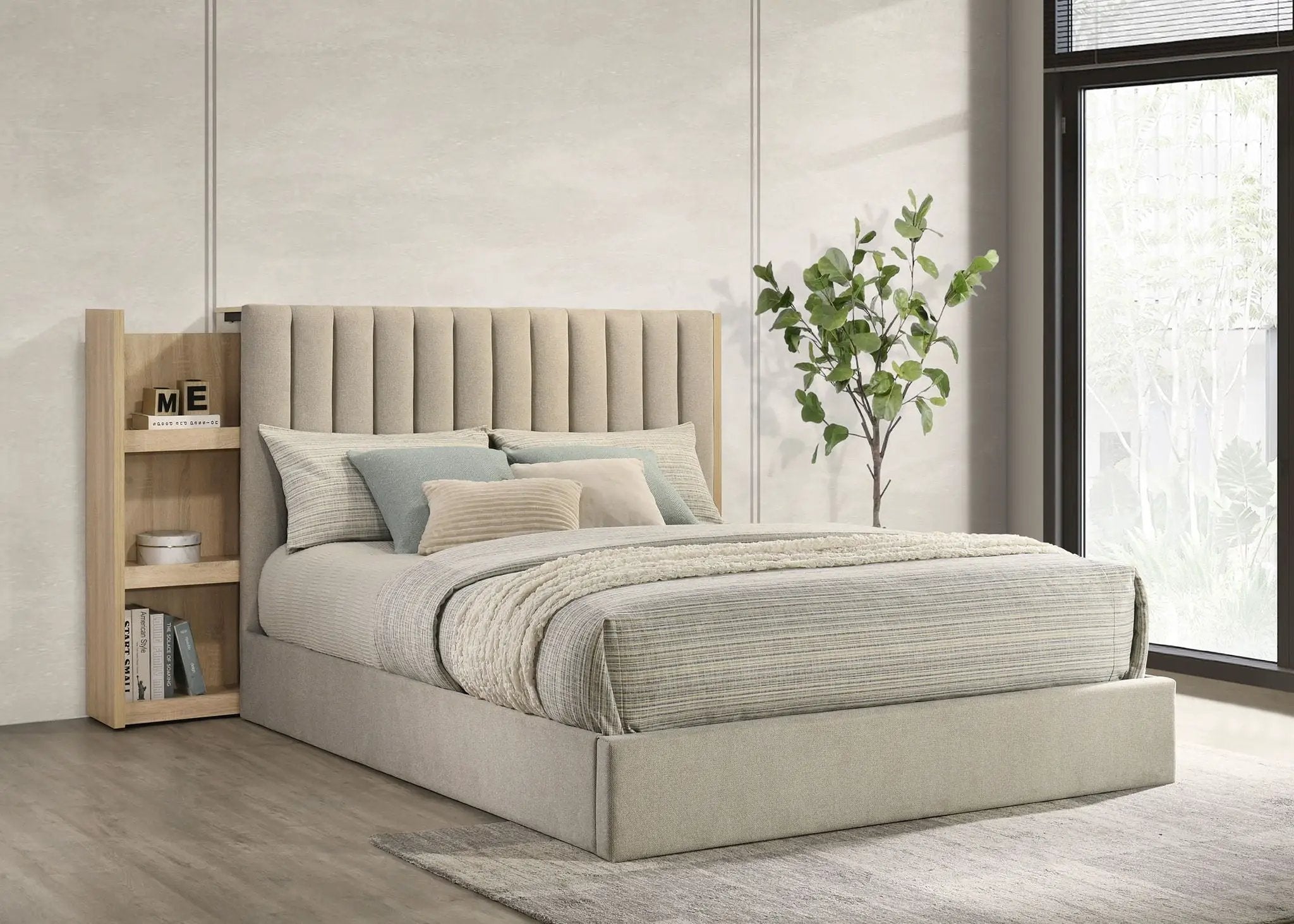 Arielle Queen Bookcase Panel Storage Bed Light Oak by Unique Piece Furniture
