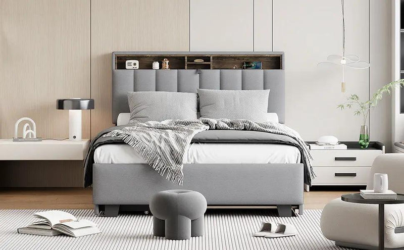 Upholstered Platform Bed With Storage Headboard, Trundle & 2 Drawers And A Set Of Sockets & USB Ports by HouseOfZazla
