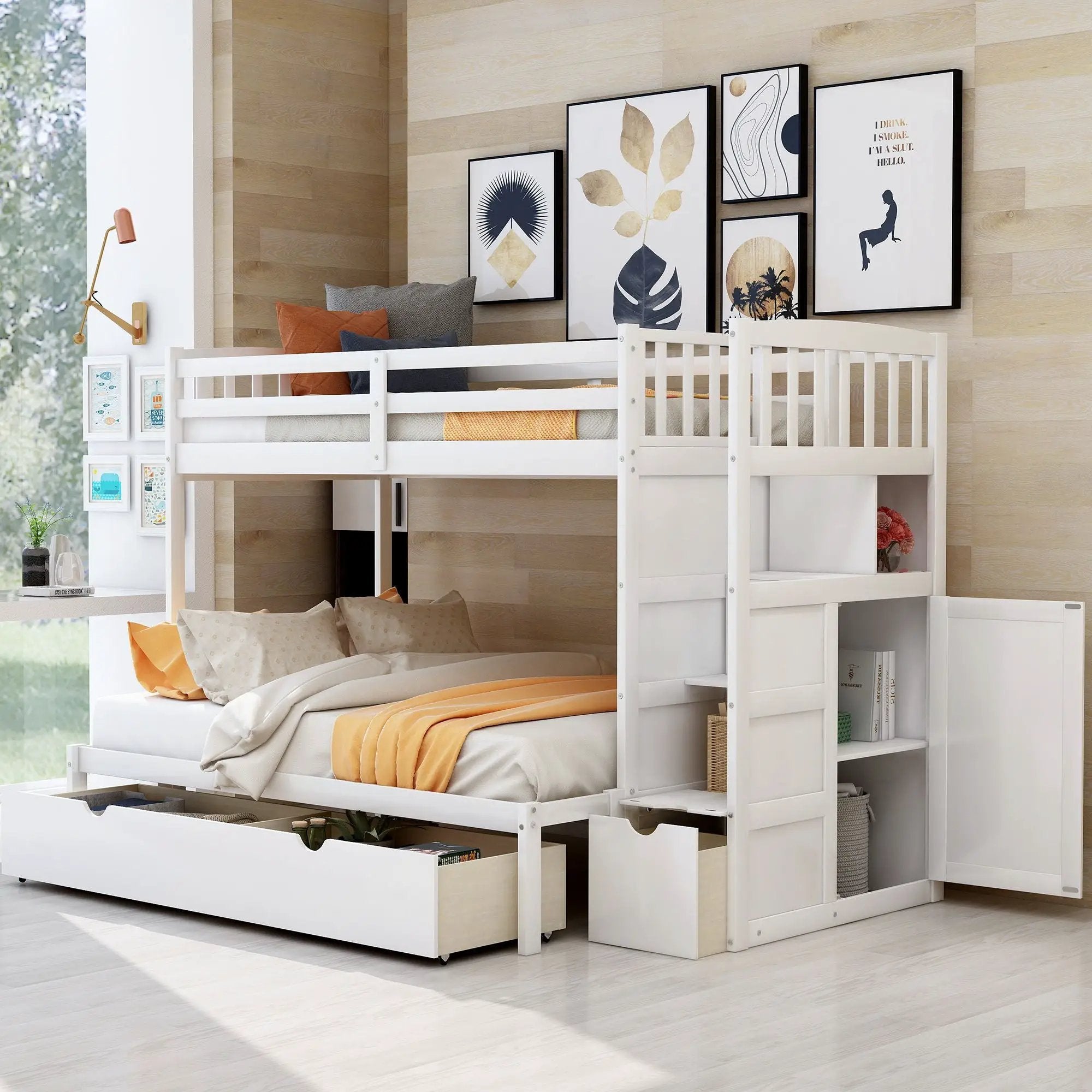 Bunk Bed, Convertible Bottom Bed, Storage Shelves And Drawers by HouseOfZazla