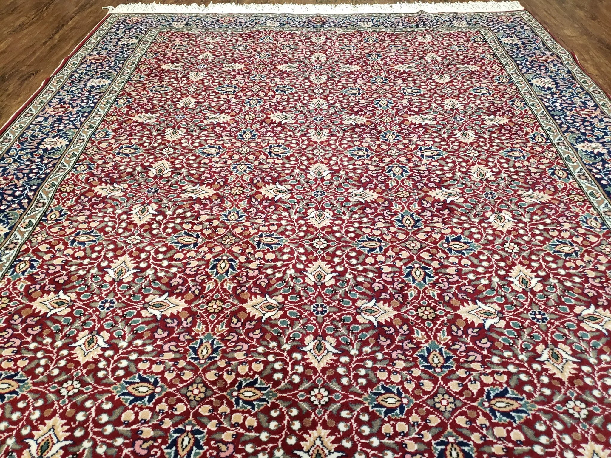 Vintage Turkish Sivas Area Rug 6.5 x 9.5, Wool Hand-Knotted Red & Midnight Blue Allover Floral Pattern Oriental Carpet, 6x9 Traditional Rug by Jewel Rugs