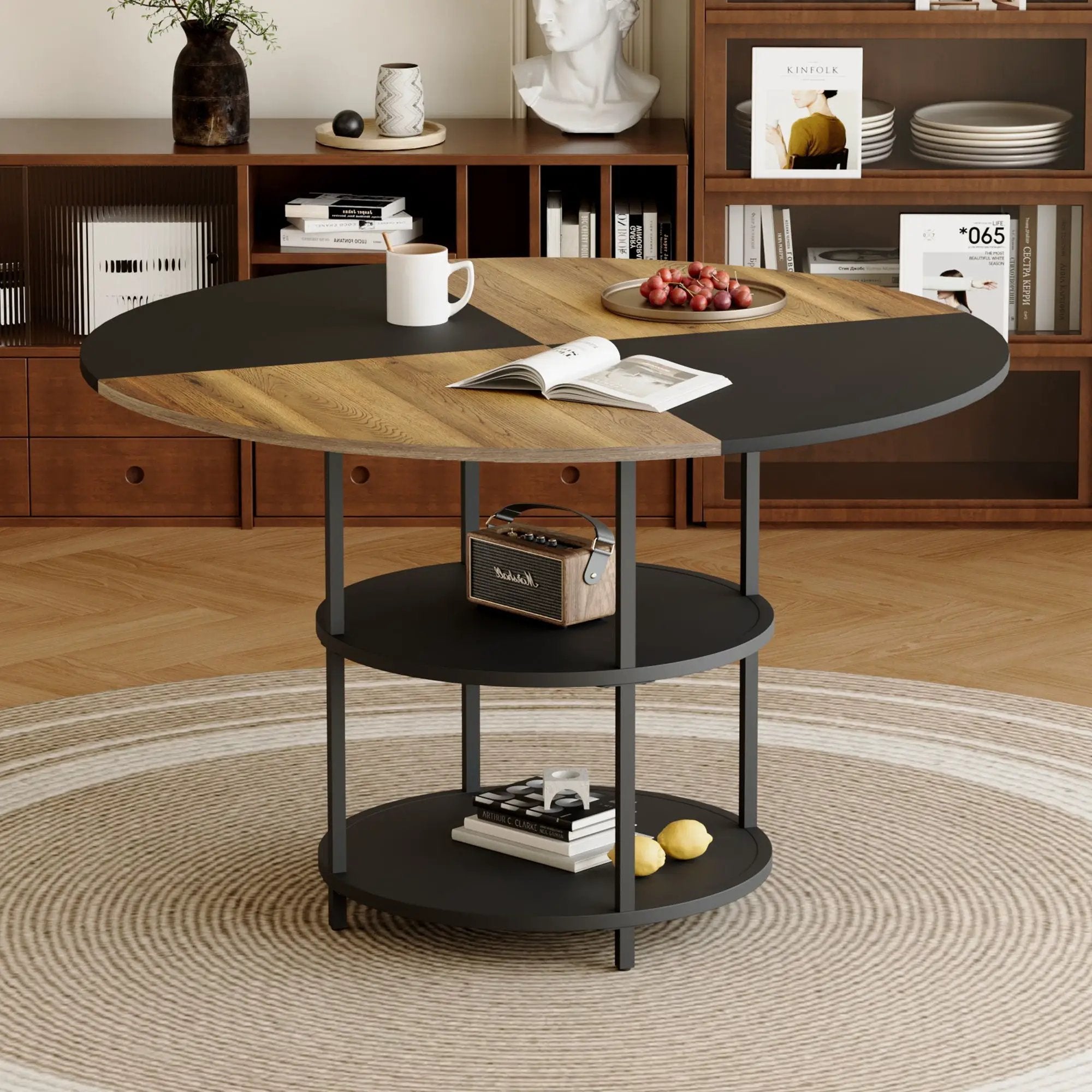 Diameter - Modern Splicing Circular Dining Table Double Layer Storage - Wood / Black by Unique Piece Furniture