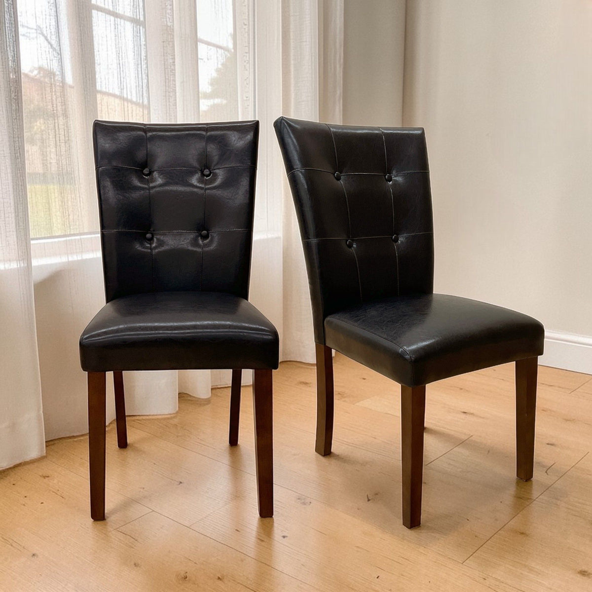 Synthetic Leather Side Chair Set with Button-Tufted Backrest - Brown / Walnut, photo 3 of 7