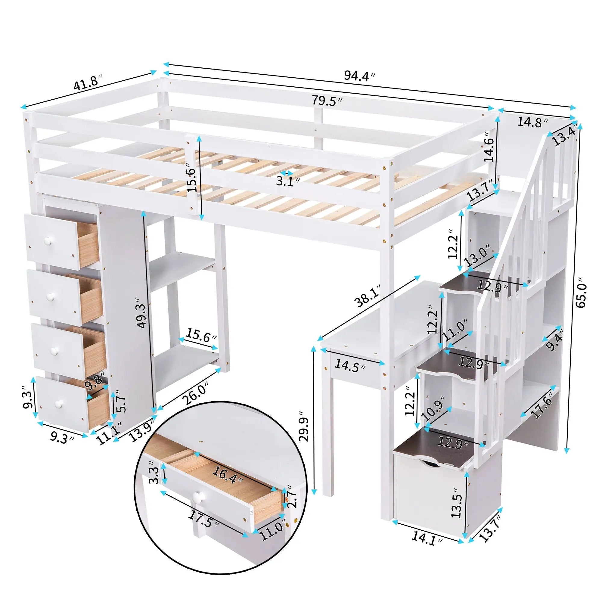 Loft Bed With Storage Drawers, Desk And Stairs With Shelves by HouseOfZazla