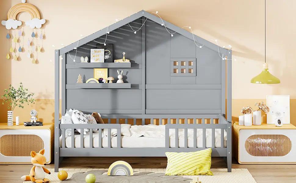 House Bed With Shelves, Window And Sparkling Light Strip On The Roof by HouseOfZazla