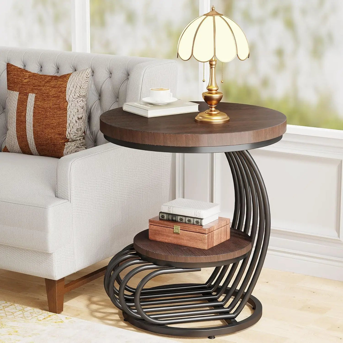 Round Vintage End Table With 2 Tier Storage by HouseOfZazla