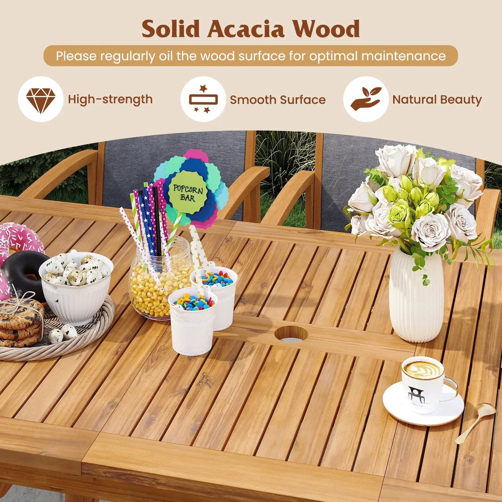 55 Inch Patio Dining Table Expandable for 6-8 People with Umbrella Hole by DirectDeals