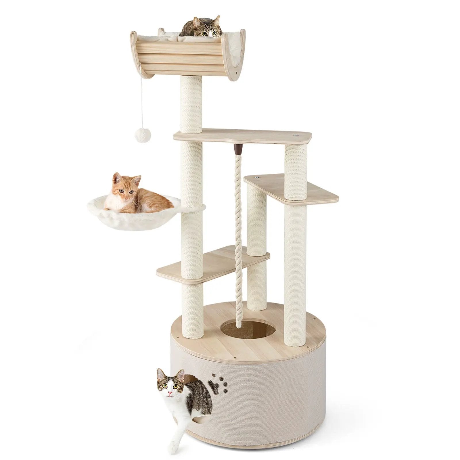 55.5 Inches Tall Wooden Cat Tree with Washable Plush Cushions for Indoor Cats by DirectDeals