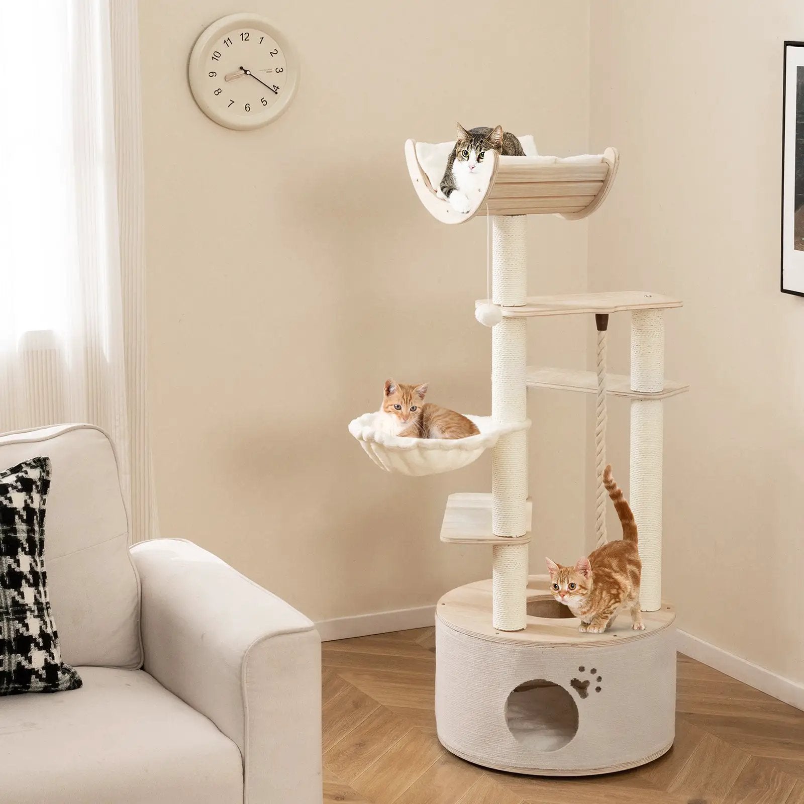 55.5 Inches Tall Wooden Cat Tree with Washable Plush Cushions for Indoor Cats by DirectDeals