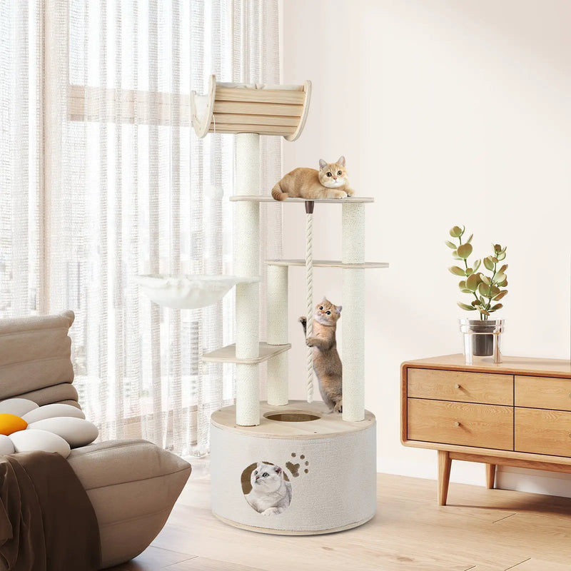 55.5 Inches Tall Wooden Cat Tree with Washable Plush Cushions for Indoor Cats by DirectDeals