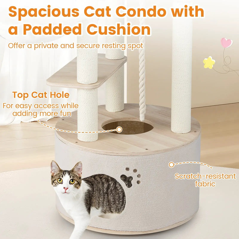 55.5 Inches Tall Wooden Cat Tree with Washable Plush Cushions for Indoor Cats by DirectDeals