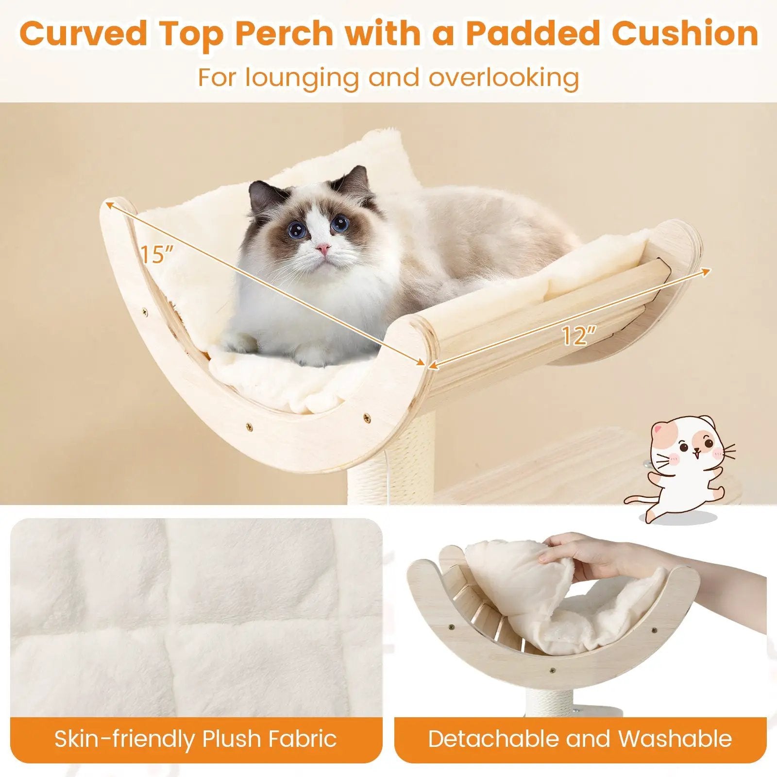 55.5 Inches Tall Wooden Cat Tree with Washable Plush Cushions for Indoor Cats by DirectDeals