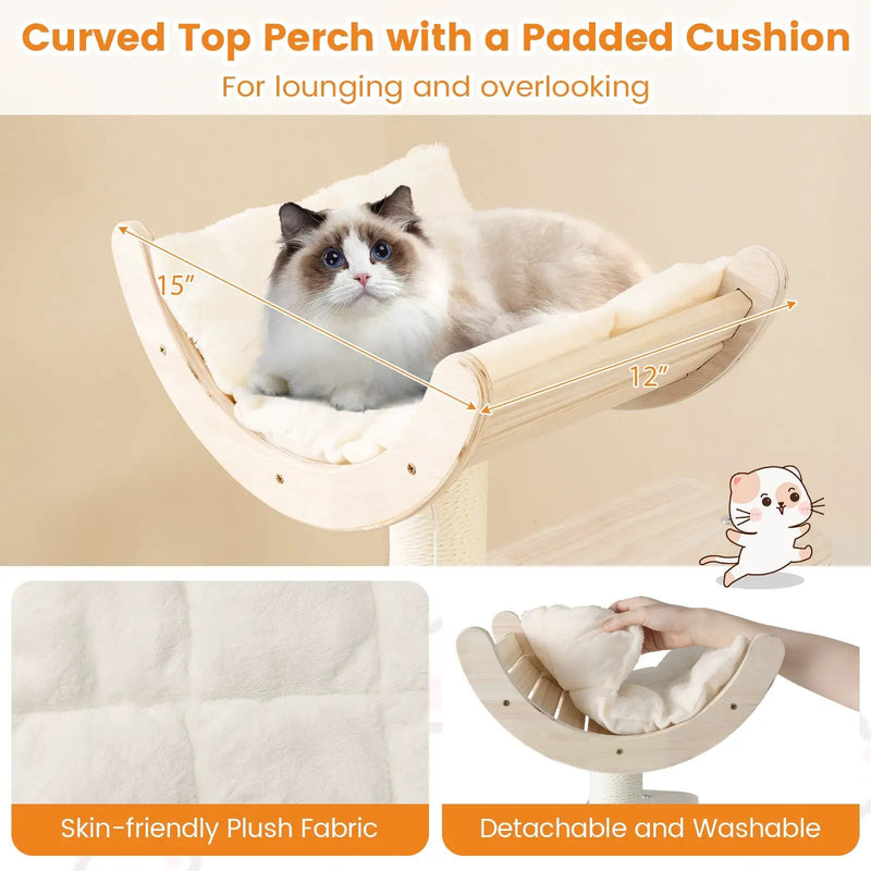 55.5 Inches Tall Wooden Cat Tree with Washable Plush Cushions for Indoor Cats by DirectDeals