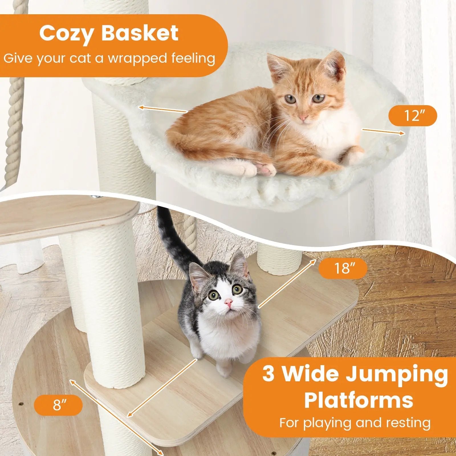 55.5 Inches Tall Wooden Cat Tree with Washable Plush Cushions for Indoor Cats by DirectDeals