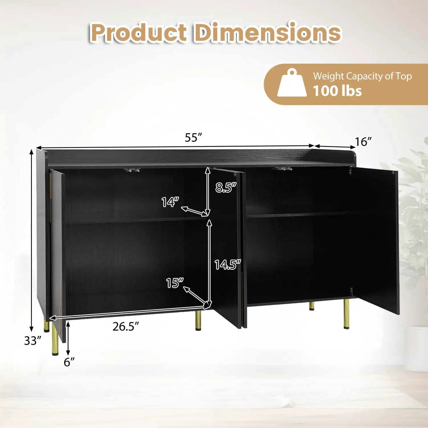 55" Buffet Cabinet with 4 Doors and Metal Legs by DirectDeals