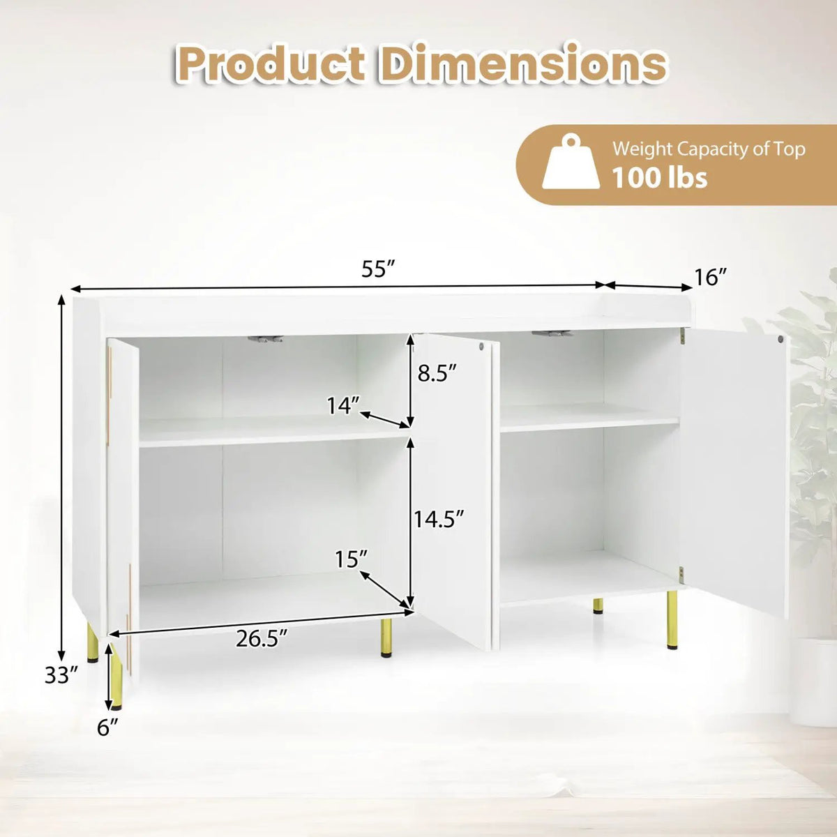 55" Buffet Cabinet with 4 Doors and Metal Legs by DirectDeals