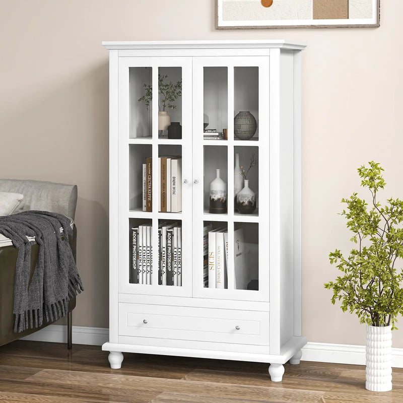 55 Inch Bookcase Cabinet with Tempered Glass Doors-White by DirectDeals