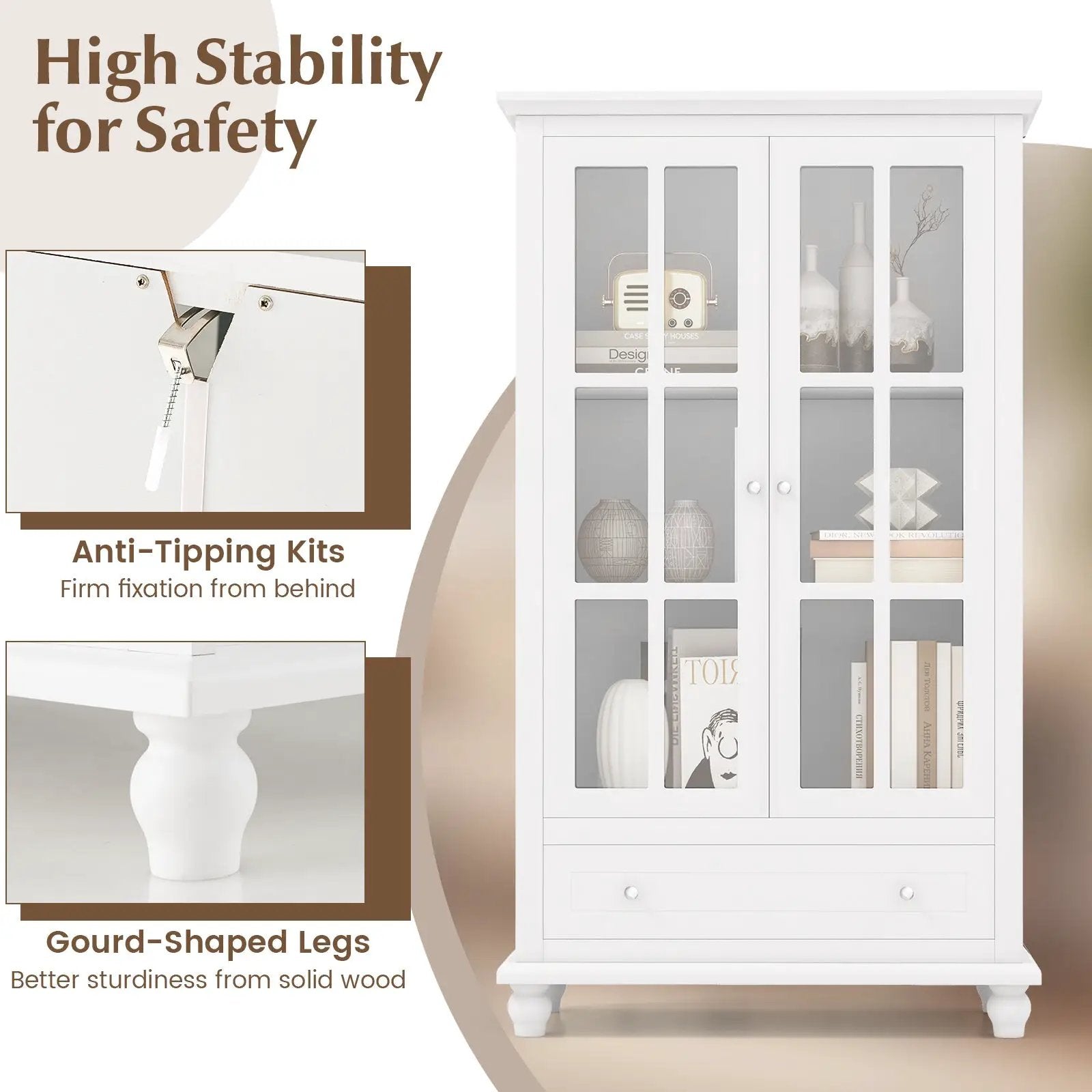 55 Inch Bookcase Cabinet with Tempered Glass Doors-White by DirectDeals