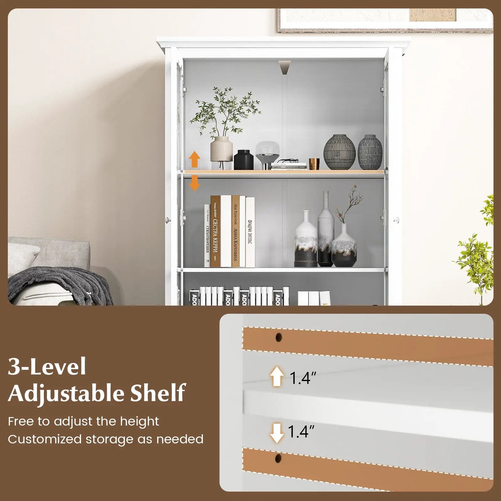 55 Inch Bookcase Cabinet with Tempered Glass Doors-White by DirectDeals