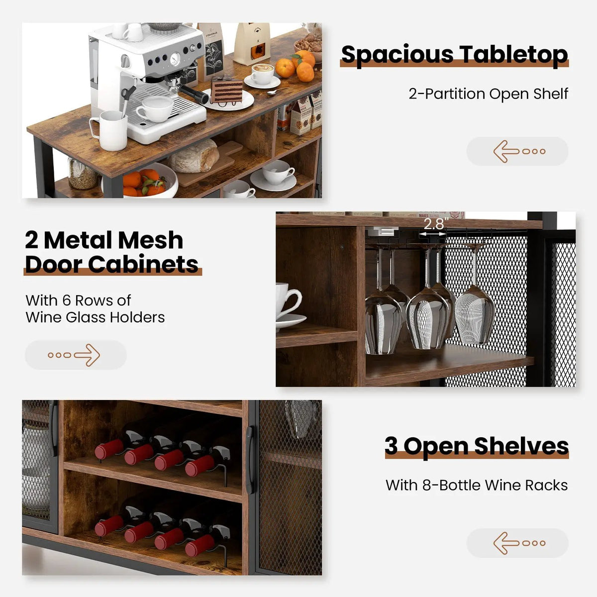 55-Inch Buffet Sideboard with 8-Bottle Wine Racks and Wine Glass Holders by DirectDeals