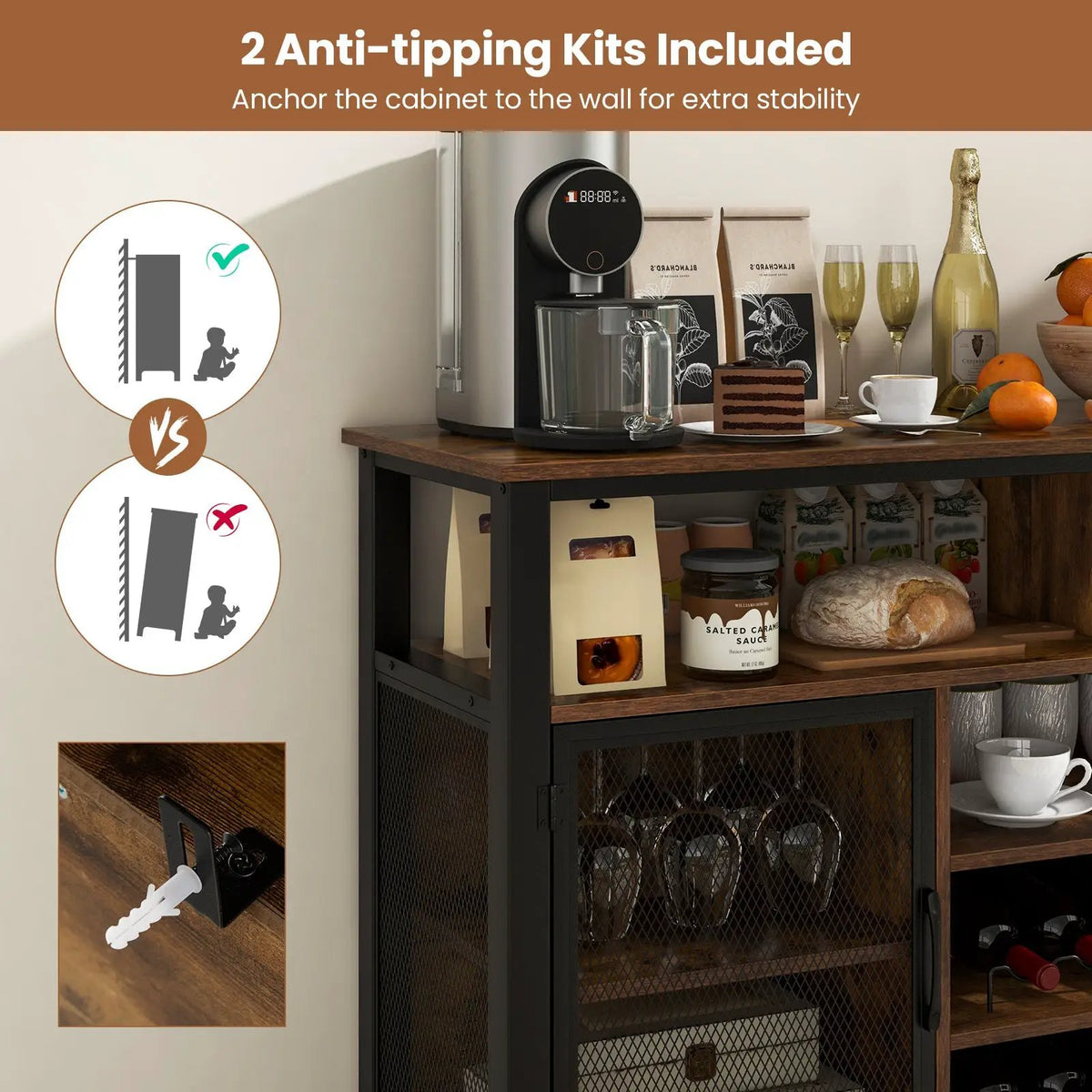 55-Inch Buffet Sideboard with 8-Bottle Wine Racks and Wine Glass Holders by DirectDeals