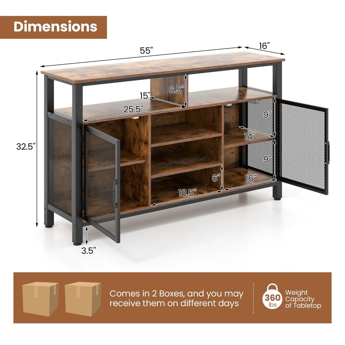 55-Inch Buffet Sideboard with 8-Bottle Wine Racks and Wine Glass Holders by DirectDeals