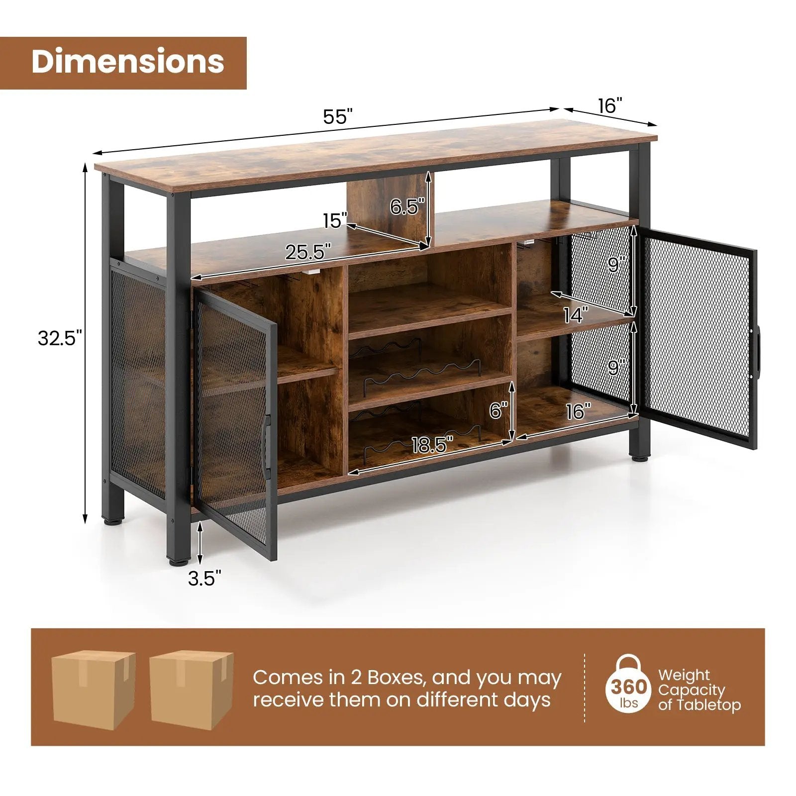 55-Inch Buffet Sideboard with 8-Bottle Wine Racks and Wine Glass Holders by DirectDeals