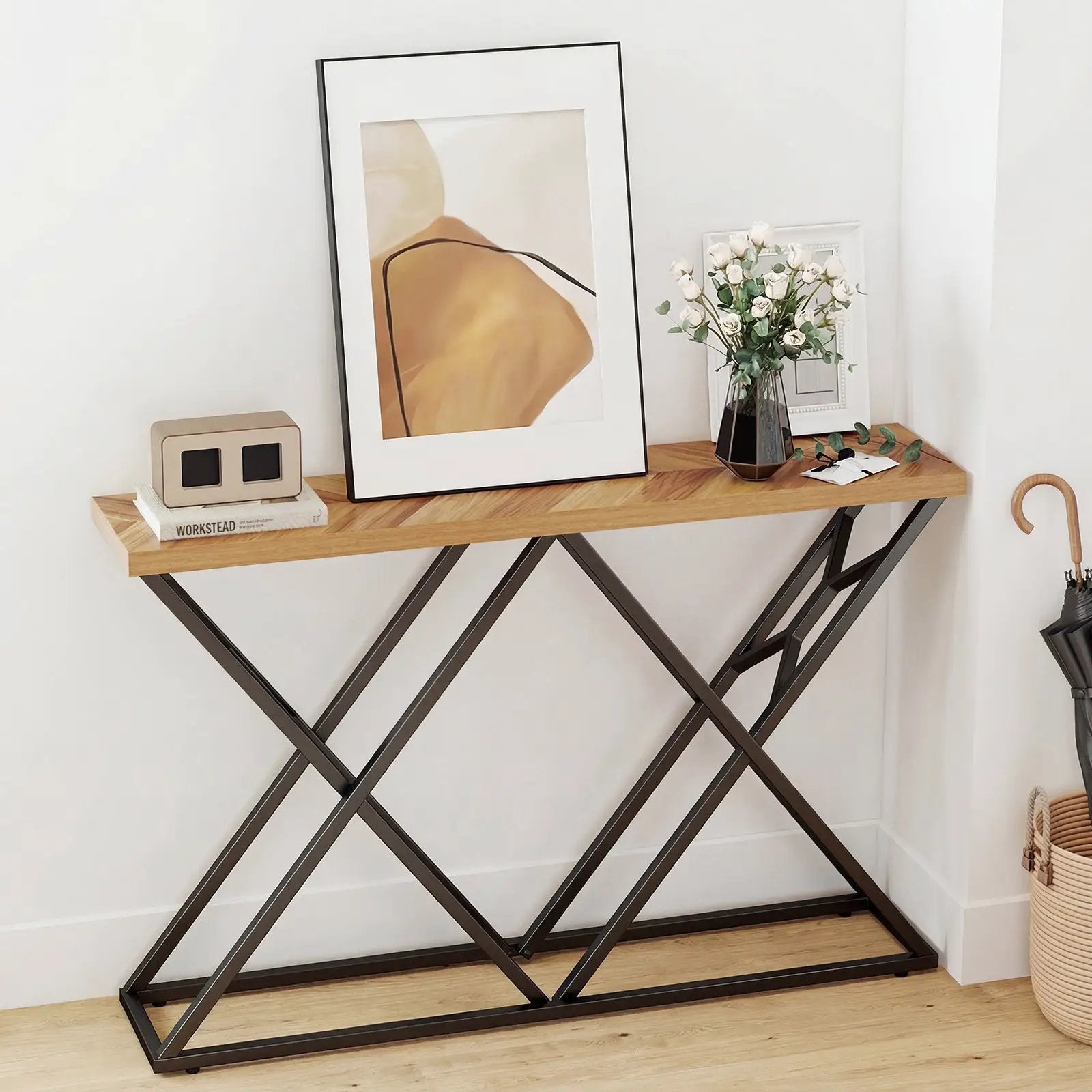 55 Inch Console Table with Solid Metal Frame and Storage-Wood by DirectDeals